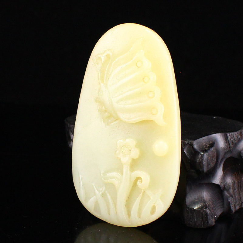 Chinese Natural Hetian Jade Flower & Butterfly Pendant