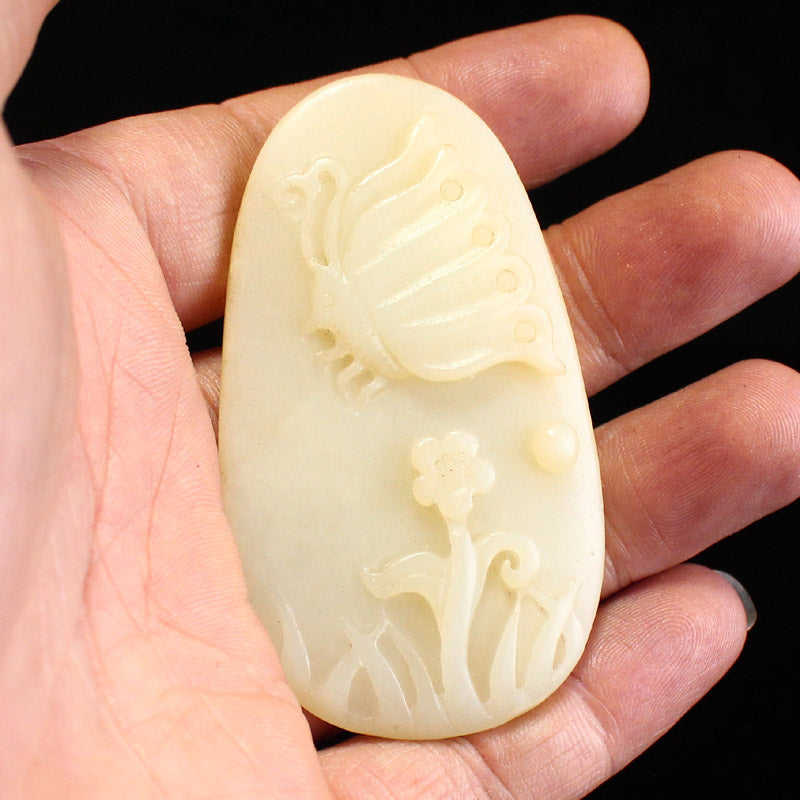 Chinese Natural Hetian Jade Flower & Butterfly Pendant