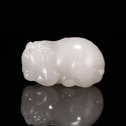 Chinese Natural White Hetian Jade Carved Fortune Pixiu Pendant