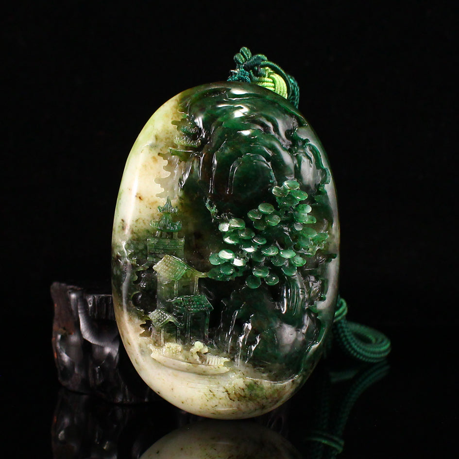 Chinese Natural Dushan Jade Carved Mountain River Scene Pendant