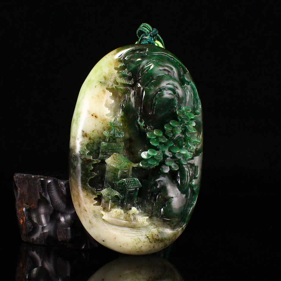 Chinese Natural Dushan Jade Carved Mountain River Scene Pendant