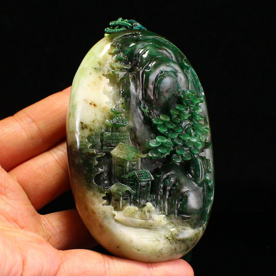 Chinese Natural Dushan Jade Carved Mountain River Scene Pendant