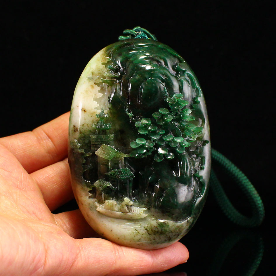 Chinese Natural Dushan Jade Carved Mountain River Scene Pendant