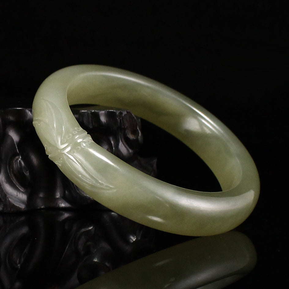 Inside Diameter 53MM Chinese Natural Green Hetian Jade Low Relief Bamboo Bracelet