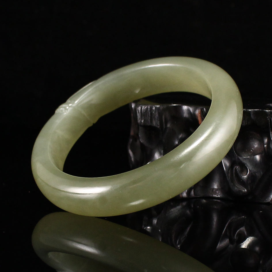 Inside Diameter 53MM Chinese Natural Green Hetian Jade Low Relief Bamboo Bracelet