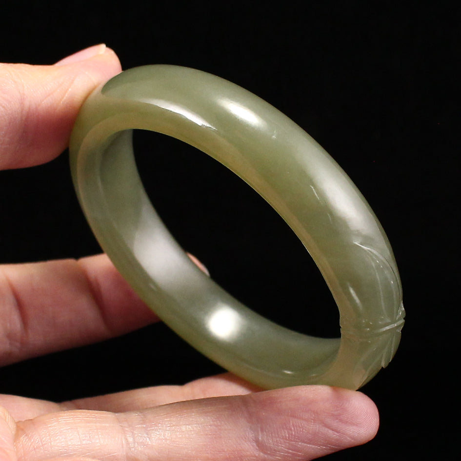 Inside Diameter 53MM Chinese Natural Green Hetian Jade Low Relief Bamboo Bracelet