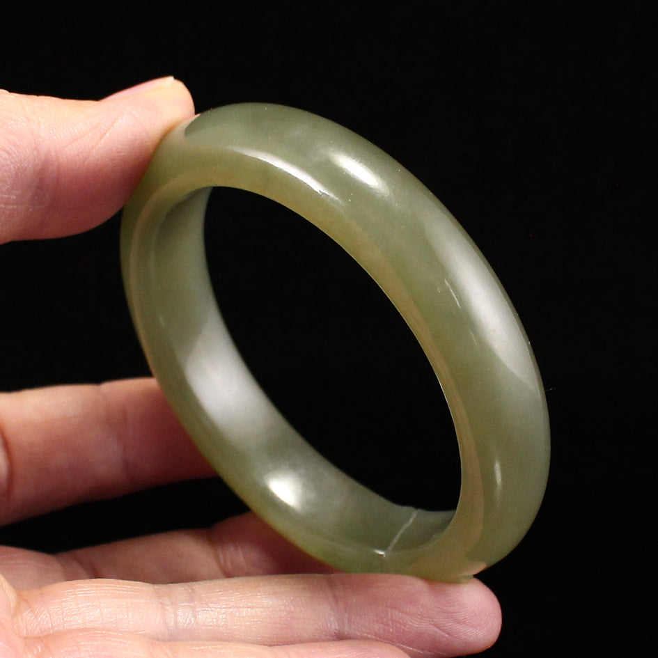 Inside Diameter 53MM Chinese Natural Green Hetian Jade Low Relief Bamboo Bracelet