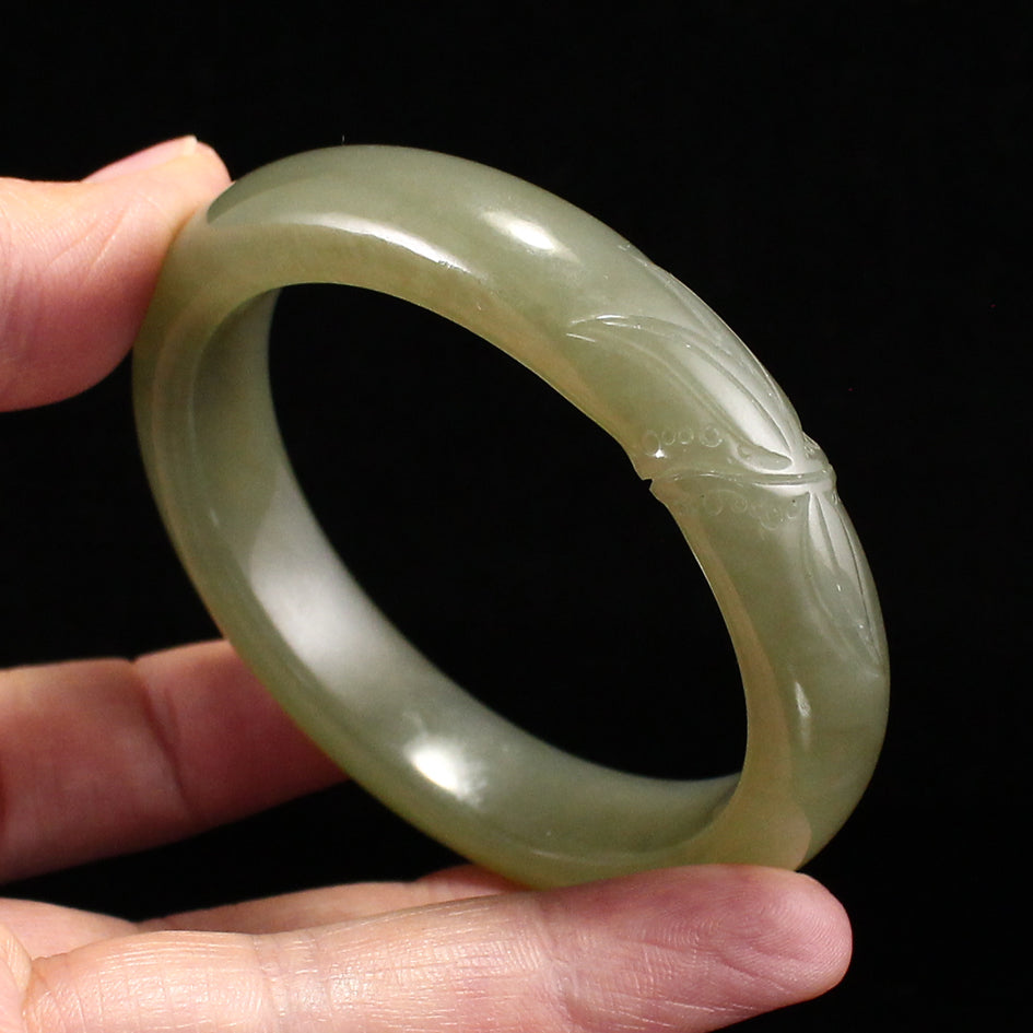 Inside Diameter 53MM Chinese Natural Green Hetian Jade Low Relief Bamboo Bracelet