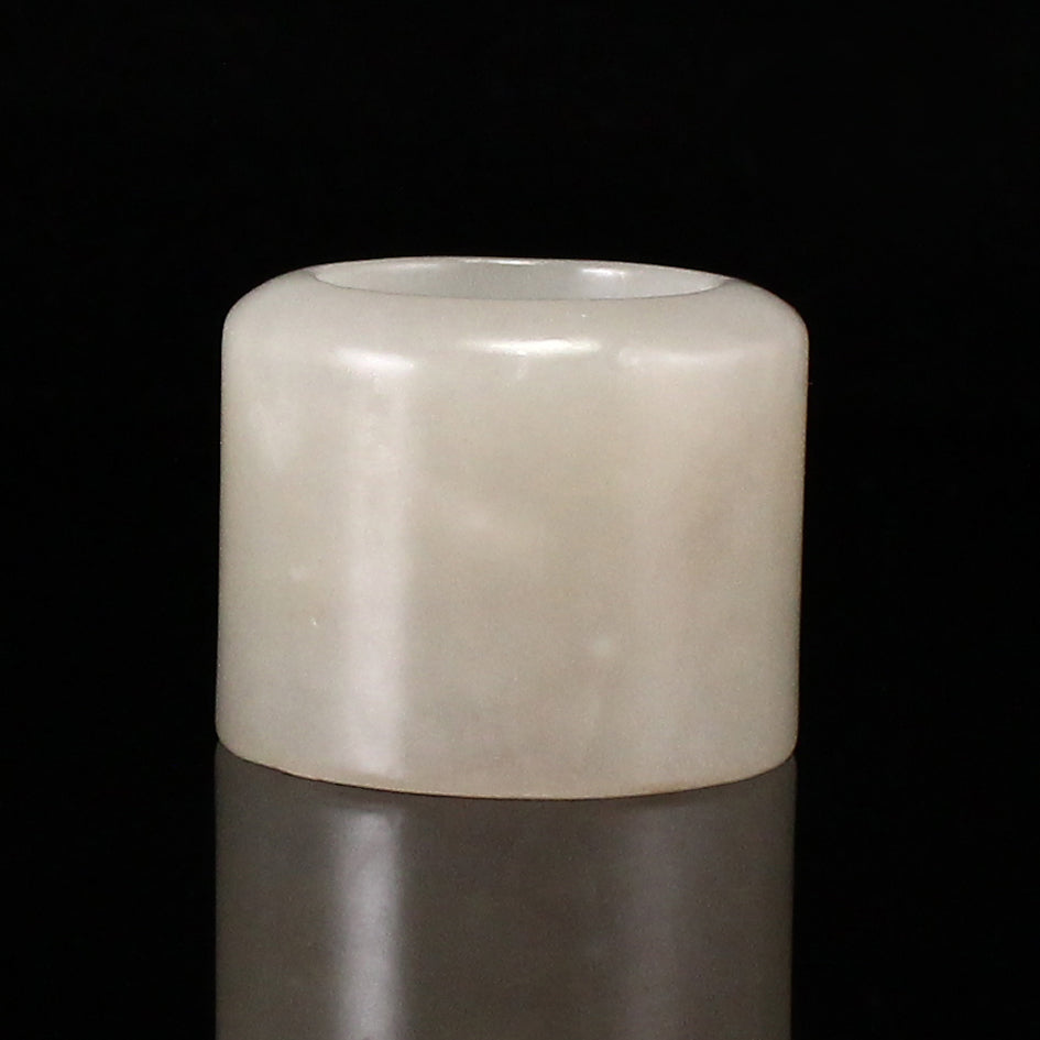 Chinese Natural White Hetian Jade Thumb Ring w Tin Box