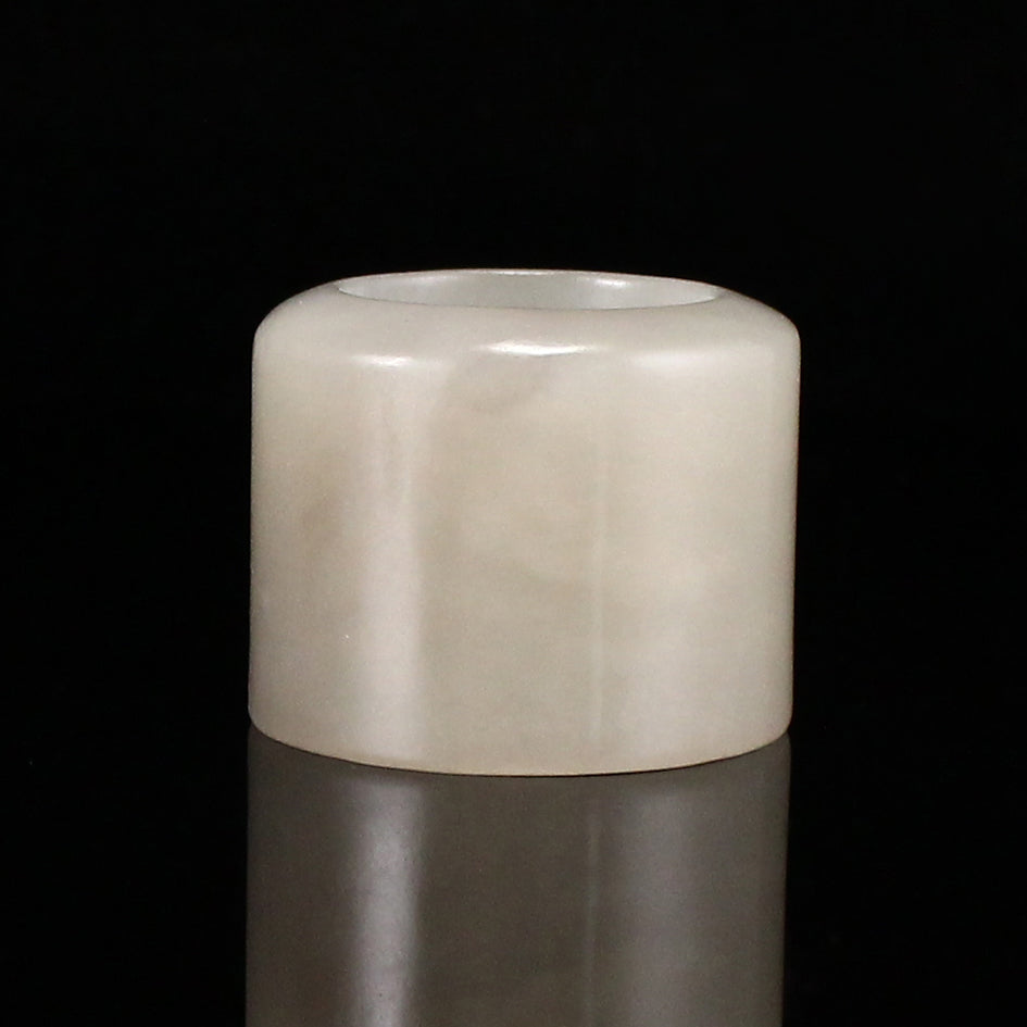 Chinese Natural White Hetian Jade Thumb Ring w Tin Box