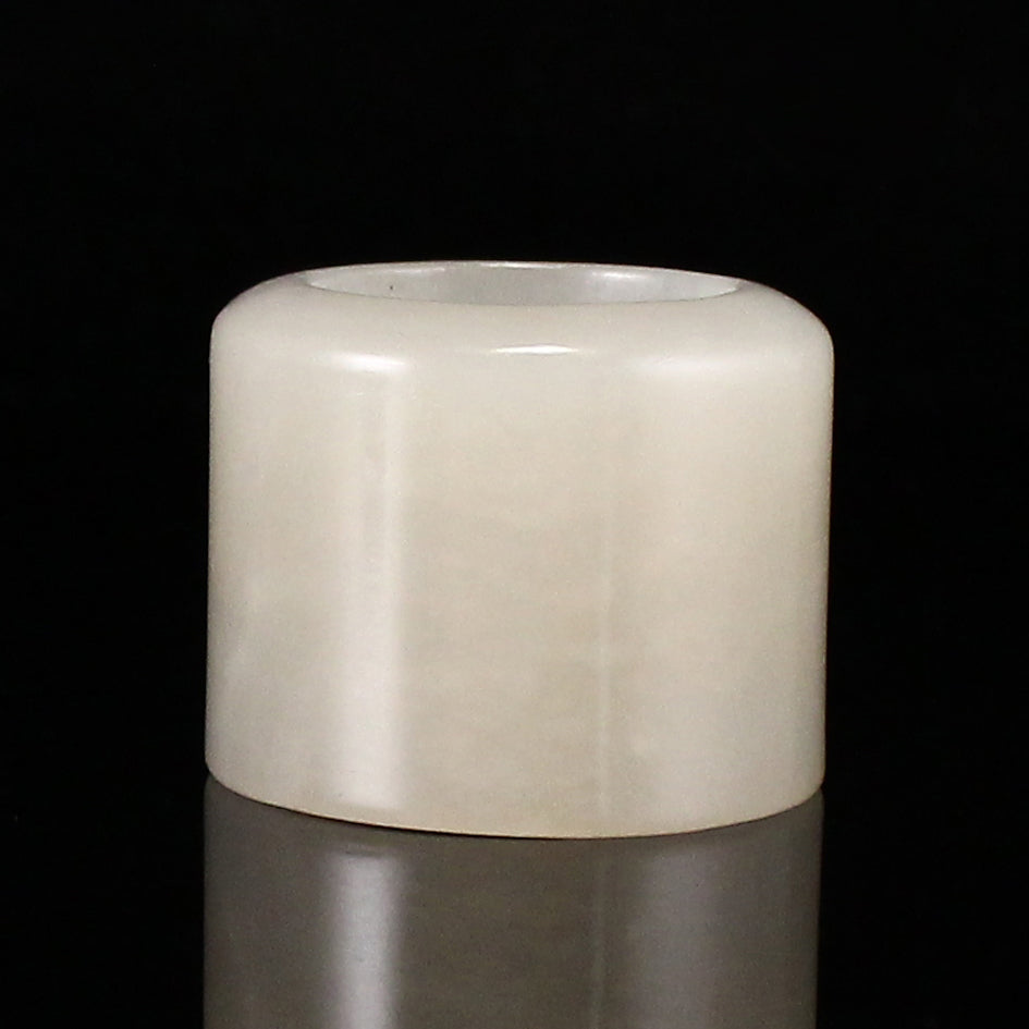 Chinese Natural White Hetian Jade Thumb Ring w Tin Box