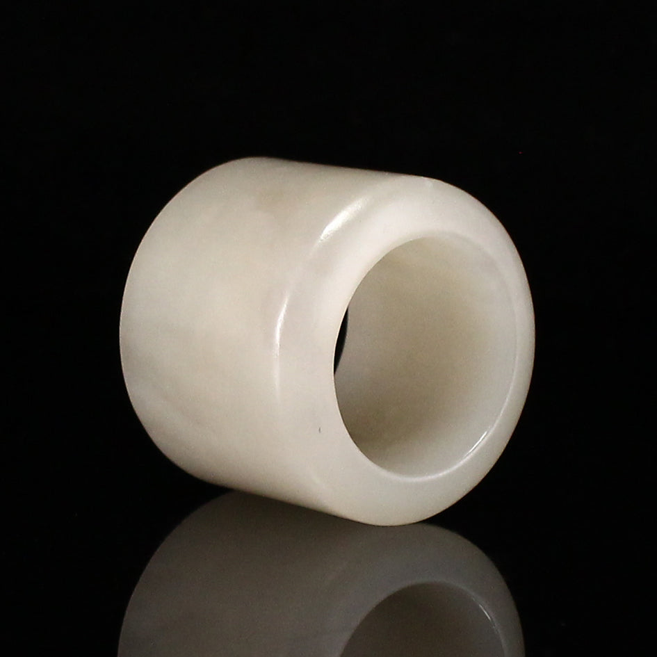 Chinese Natural White Hetian Jade Thumb Ring w Tin Box