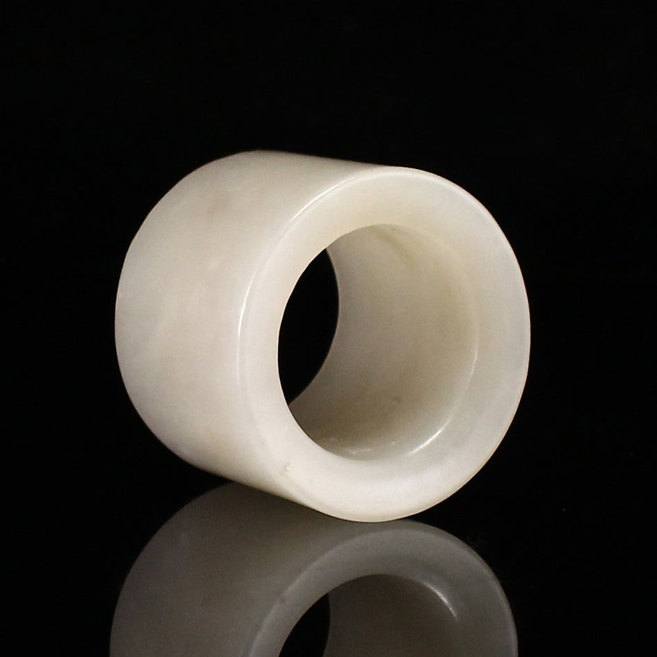 Chinese Natural White Hetian Jade Thumb Ring w Tin Box