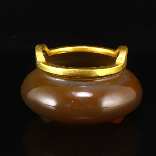 Old Gilt Gold Agate Double Ears 3 Legs Incense Burner