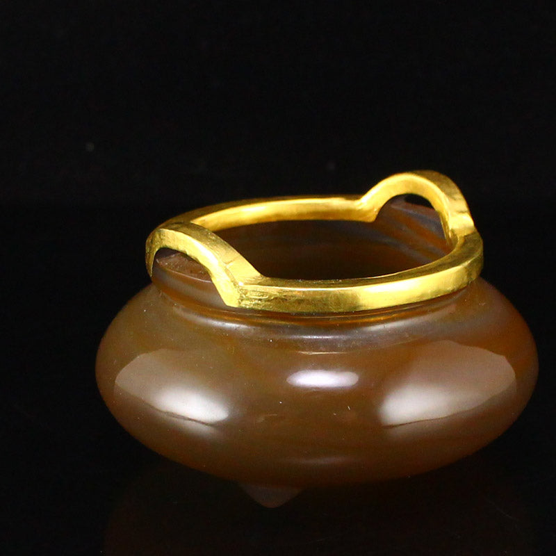 Old Gilt Gold Agate Double Ears 3 Legs Incense Burner