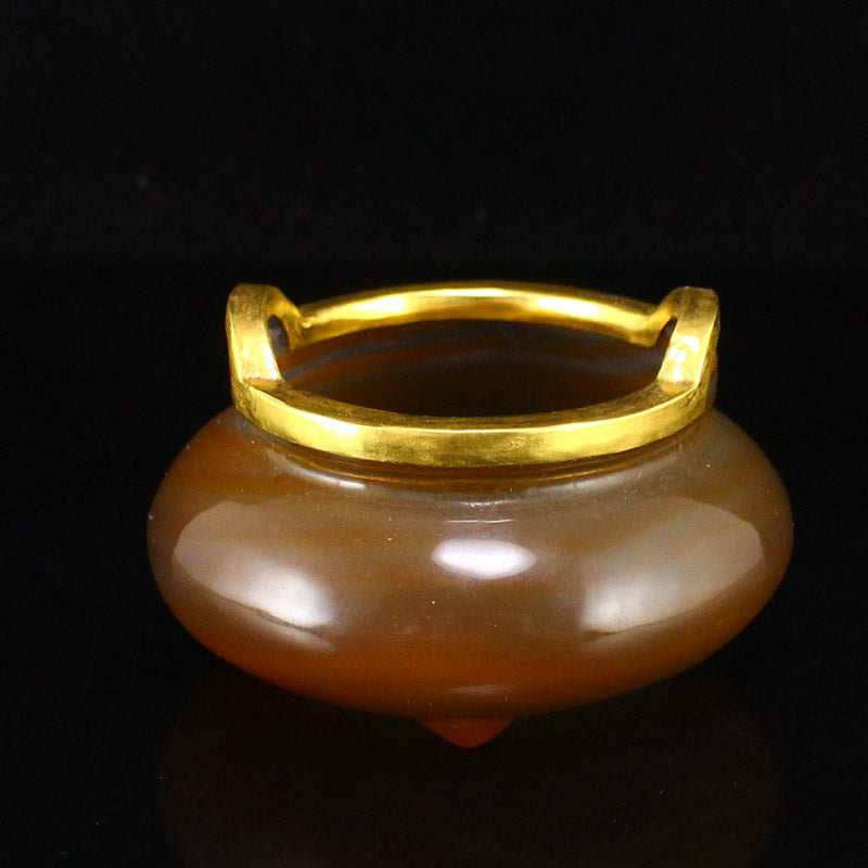 Old Gilt Gold Agate Double Ears 3 Legs Incense Burner