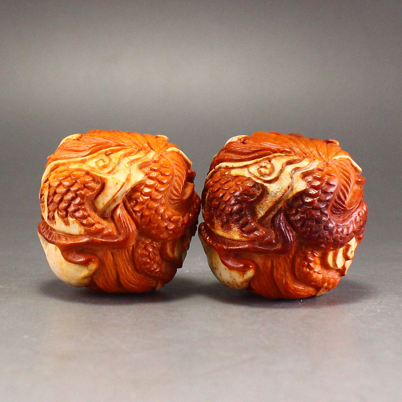 A Pair Vintage Deer Horn Carved Fortune Dragon Gymnastic Ball