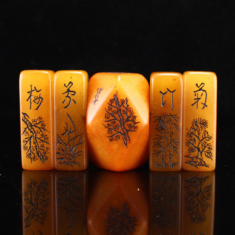 A Set Five Old Shoushan Stone Tianhuang Stone Plum Flower & Orchid,Bamboo,Chrysanthemum Seals w Box