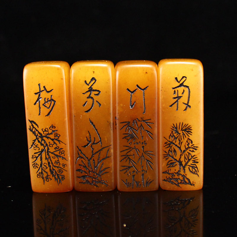 A Set Five Old Shoushan Stone Tianhuang Stone Plum Flower & Orchid,Bamboo,Chrysanthemum Seals w Box