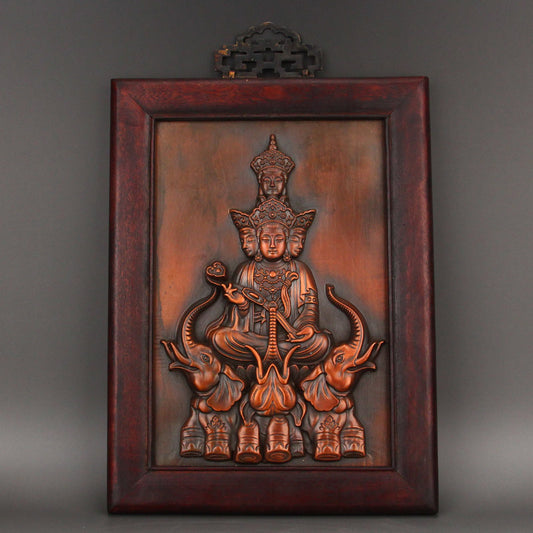 Vintage Wood Inlay Copper High Relief Buddha & Elephant Tangka