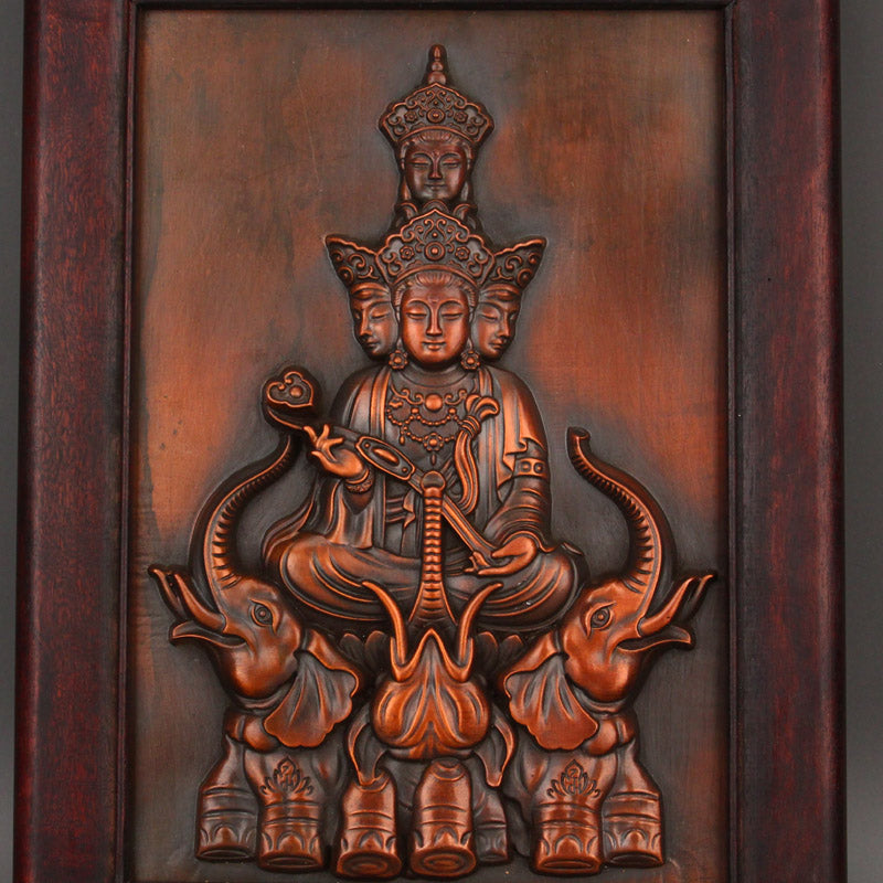 Vintage Wood Inlay Copper High Relief Buddha & Elephant Tangka