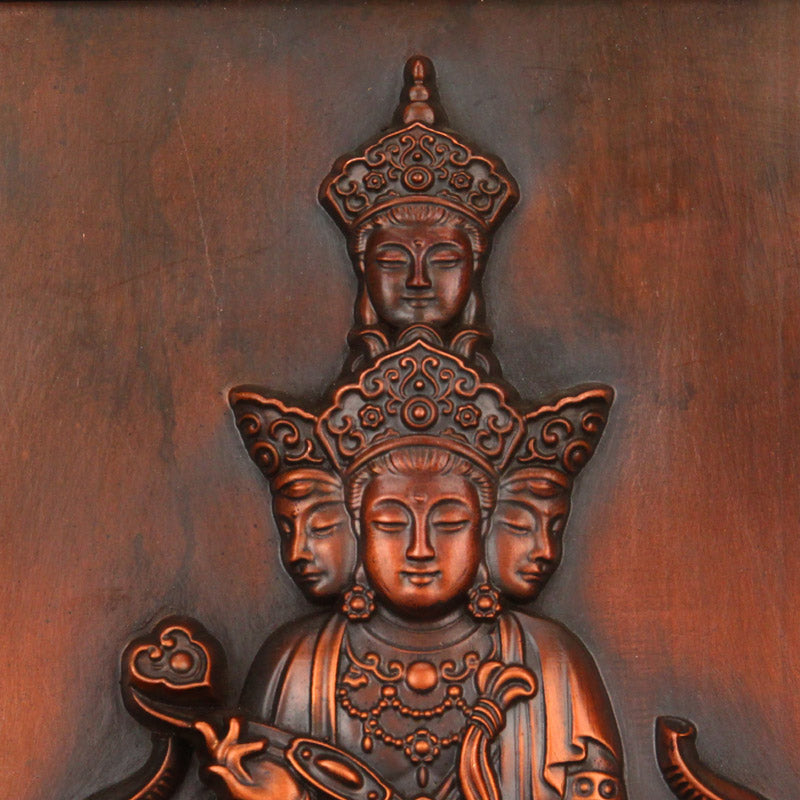 Vintage Wood Inlay Copper High Relief Buddha & Elephant Tangka