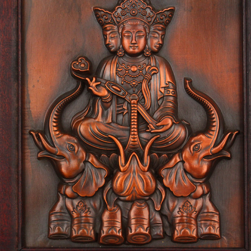 Vintage Wood Inlay Copper High Relief Buddha & Elephant Tangka