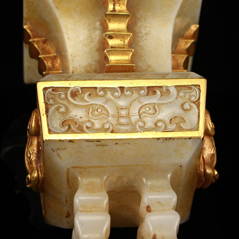 Superb Vintage Gilt Gold Nephrite Jade Sheep Head Double Ears Incense Burner