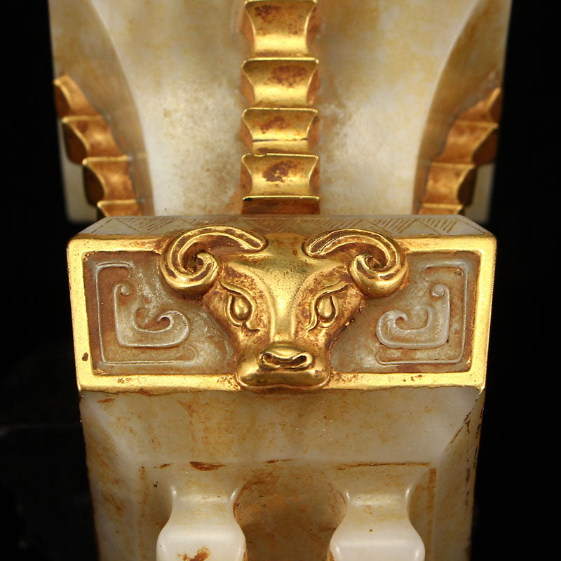 Superb Vintage Gilt Gold Nephrite Jade Sheep Head Double Ears Incense Burner