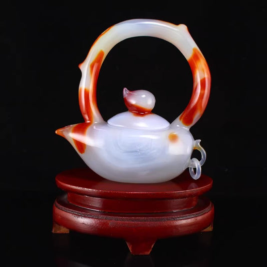 Natural White & Red Agate Peach Handle Teapot w Certificate