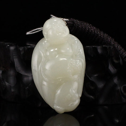 Natural Jade Carved Laughing Buddha Pendant