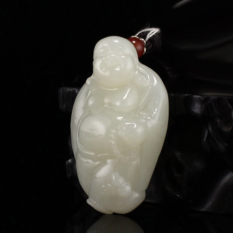 Natural Jade Carved Laughing Buddha Pendant