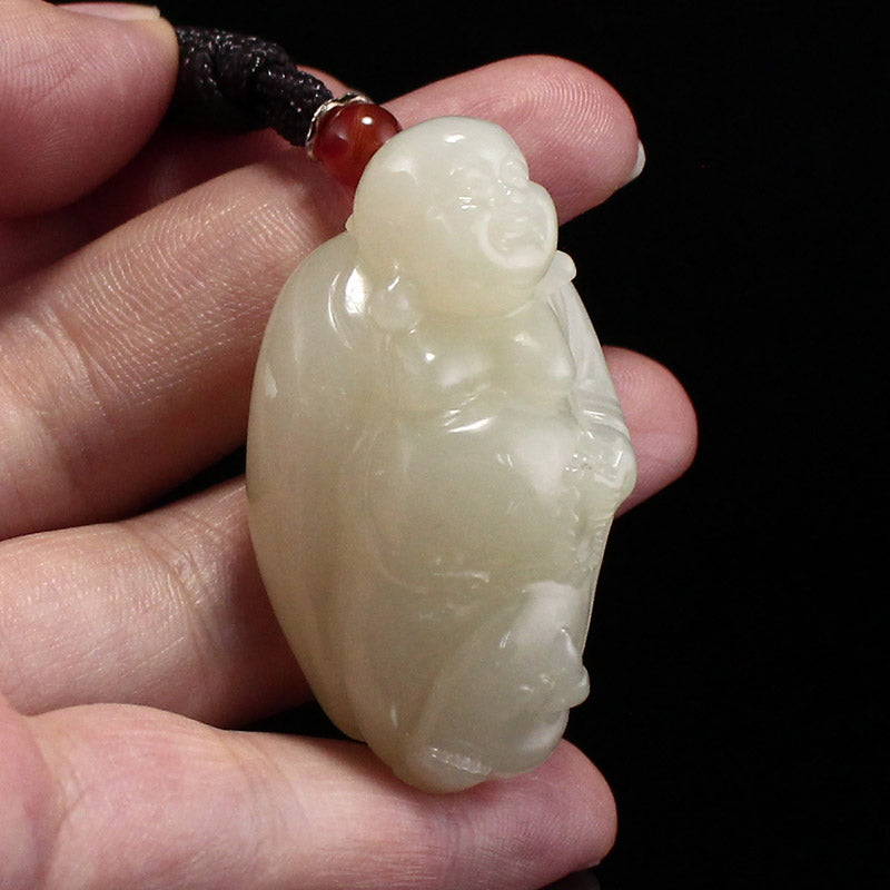 Natural Jade Carved Laughing Buddha Pendant