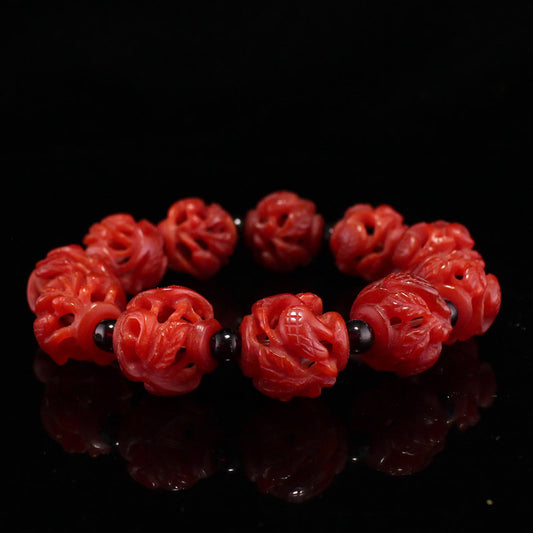 Openwork Old Red Agate Carved Crane Beads Bracelet