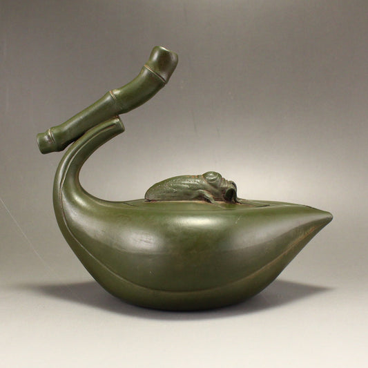 Old Green Yixing Zisha Clay Bamboo & Cicada Teapot w Artist Signed