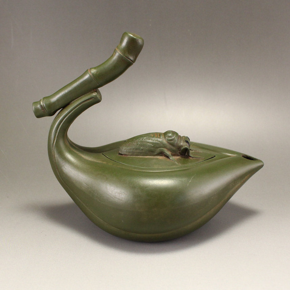 Old Green Yixing Zisha Clay Bamboo & Cicada Teapot w Artist Signed