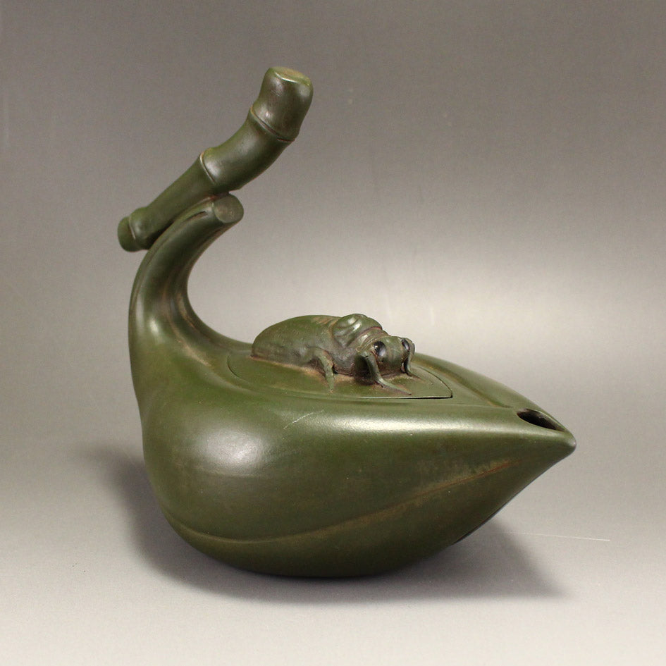 Old Green Yixing Zisha Clay Bamboo & Cicada Teapot w Artist Signed