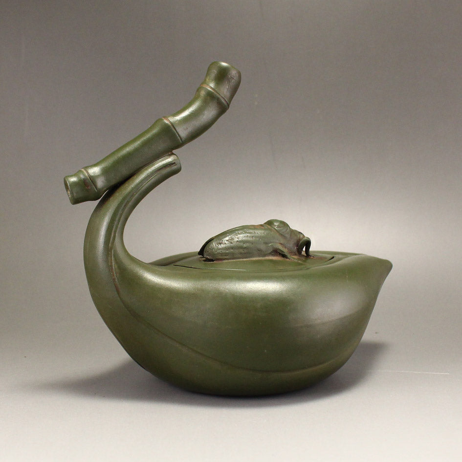 Old Green Yixing Zisha Clay Bamboo & Cicada Teapot w Artist Signed