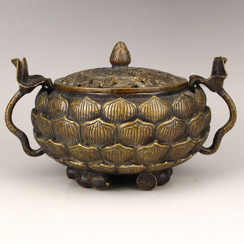 Old Brass Lotus Flower Shape Double Ears Incense Burner