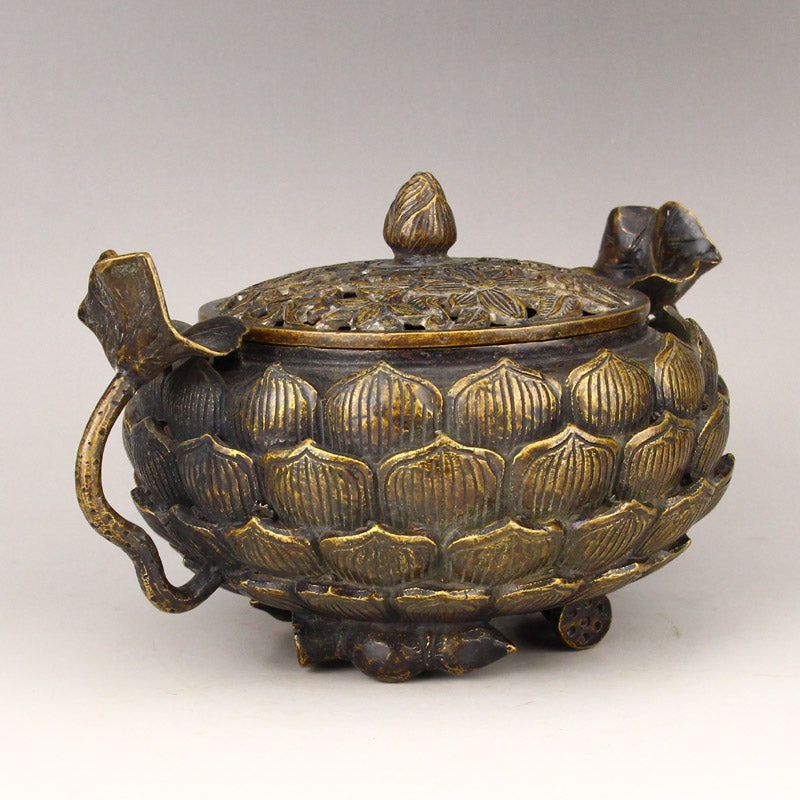 Old Brass Lotus Flower Shape Double Ears Incense Burner