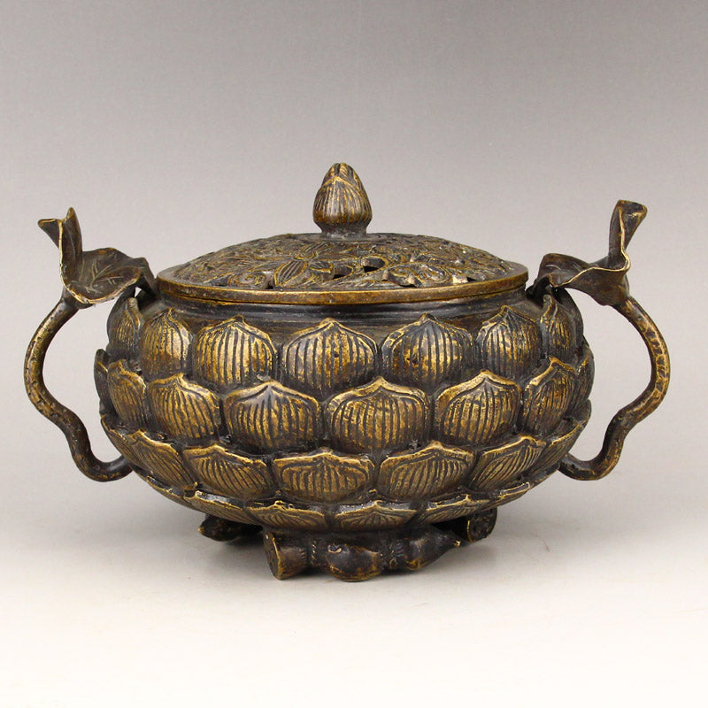 Old Brass Lotus Flower Shape Double Ears Incense Burner