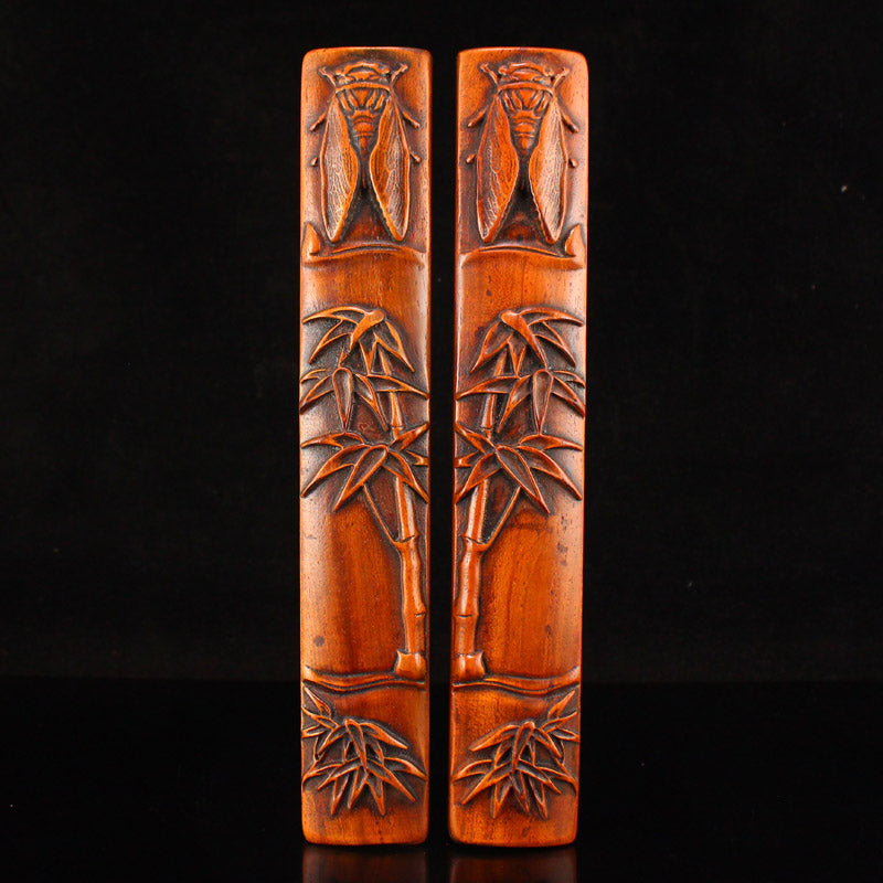 A Pair Vintage Wood Low Relief Cicada & Bamboo Paperweights