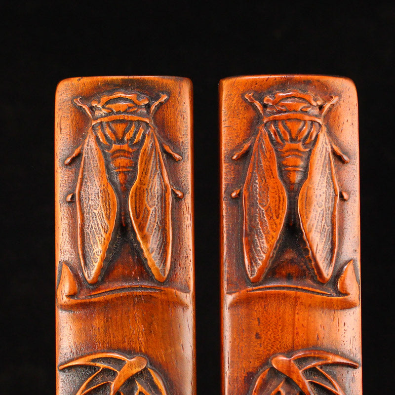 A Pair Vintage Wood Low Relief Cicada & Bamboo Paperweights