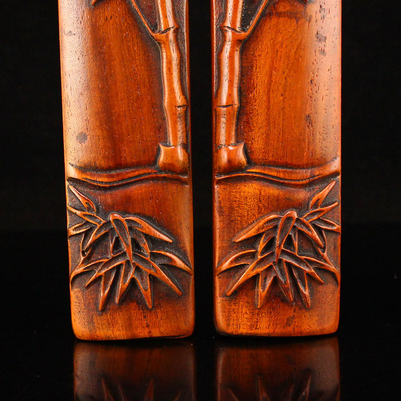 A Pair Vintage Wood Low Relief Cicada & Bamboo Paperweights