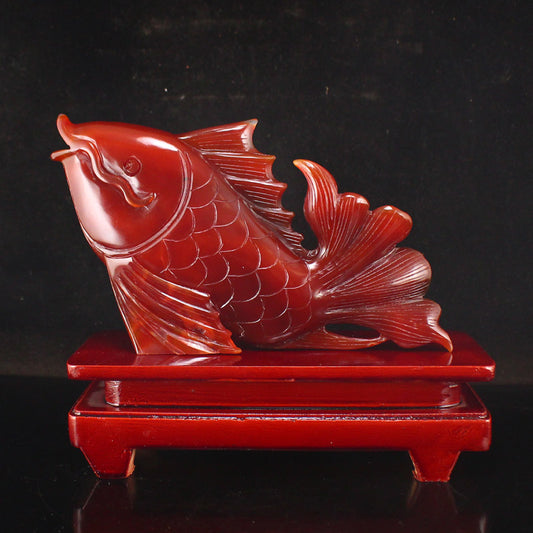 Beautiful Red Agate Fish Statue w Certificate