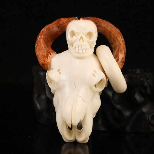 Old Ox Horn Carved Skull Pendant