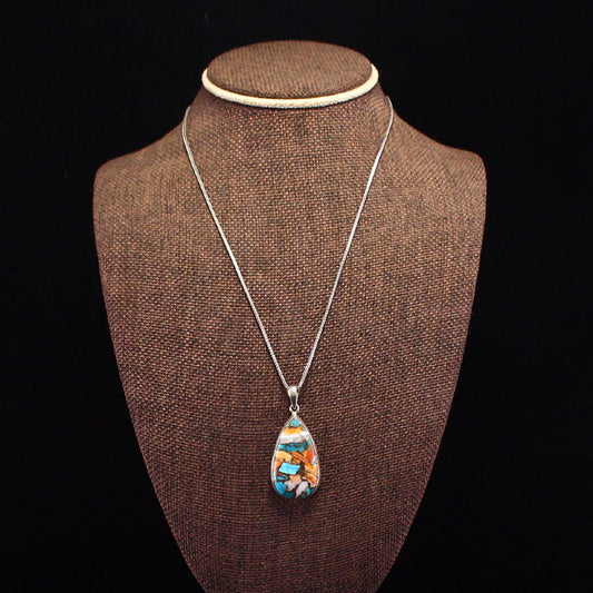 Beautiful Silver Inlay Shell & Gem Pendant w Necklace