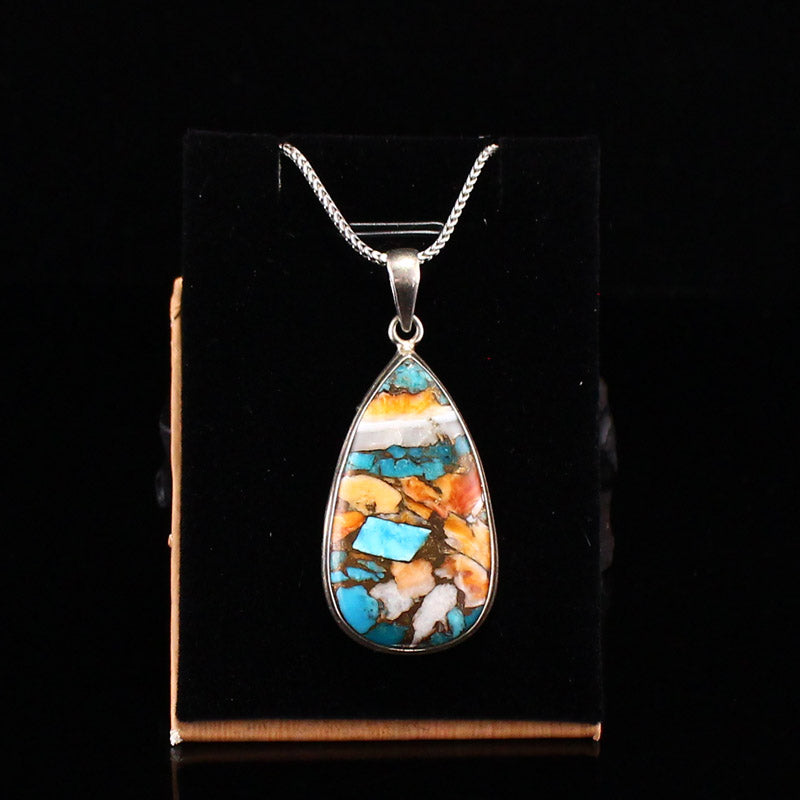 Beautiful Silver Inlay Shell & Gem Pendant w Necklace