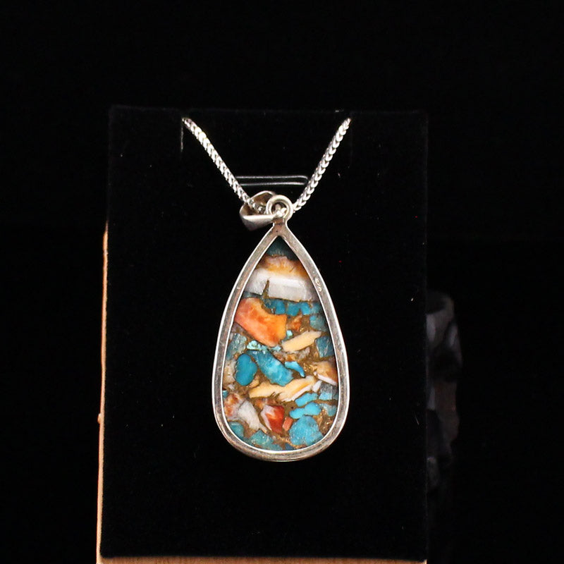 Beautiful Silver Inlay Shell & Gem Pendant w Necklace