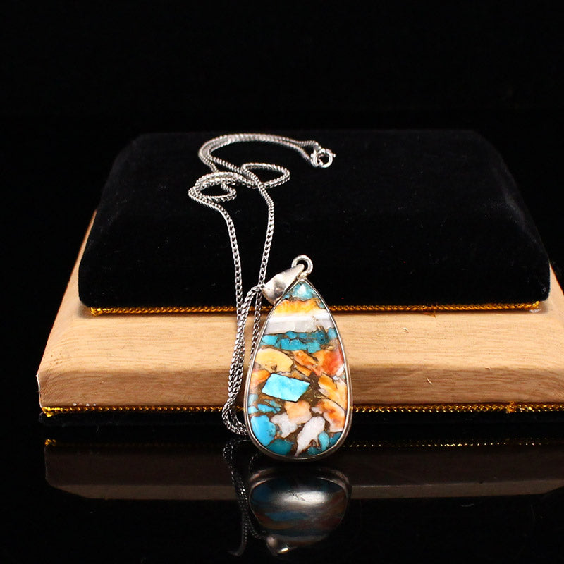 Beautiful Silver Inlay Shell & Gem Pendant w Necklace